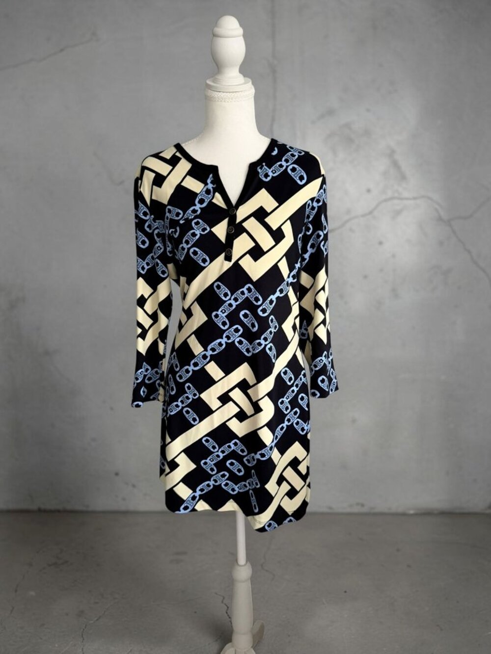 MCLAUGHLIN Black Blue Chain Print Dress Size Medium